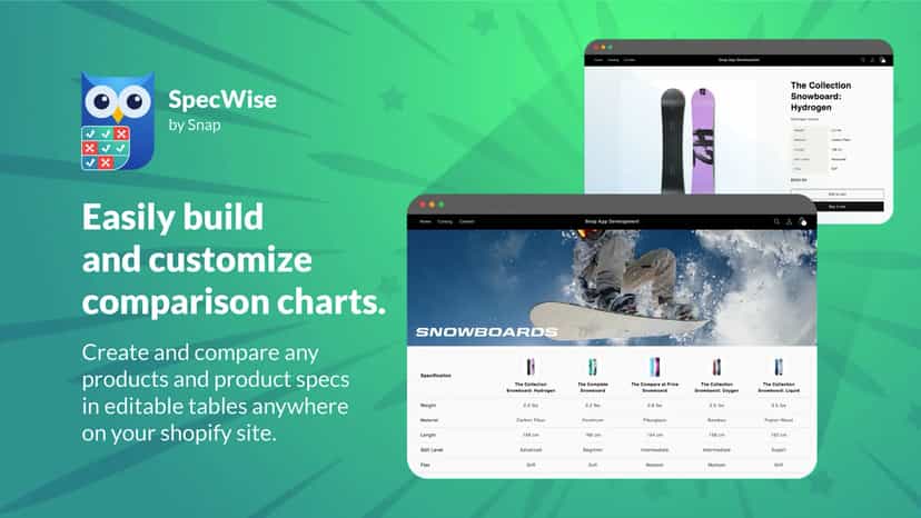 SpecWise comparison table and product specs on a storefront