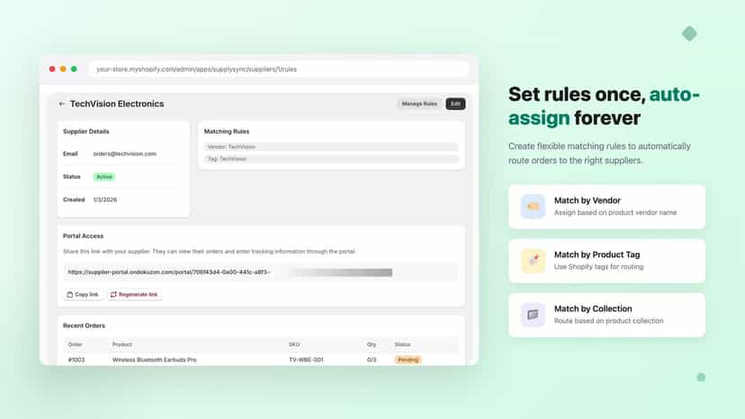 Supplier matching rules configuration by vendor and tags