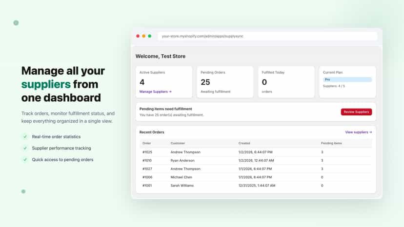 Merchant dashboard with supplier stats and pending orders