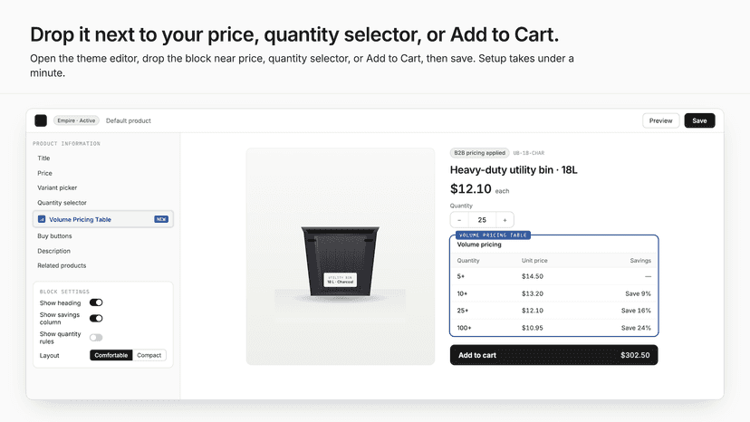Place block near price, quantity, or Add to Cart