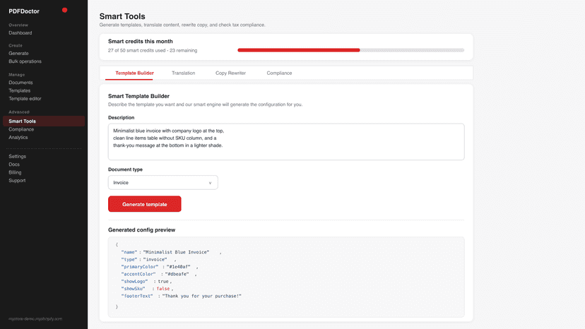 AI template builder with plain text input and config preview