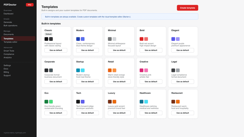 Template gallery with 15 built-in designs for any brand style