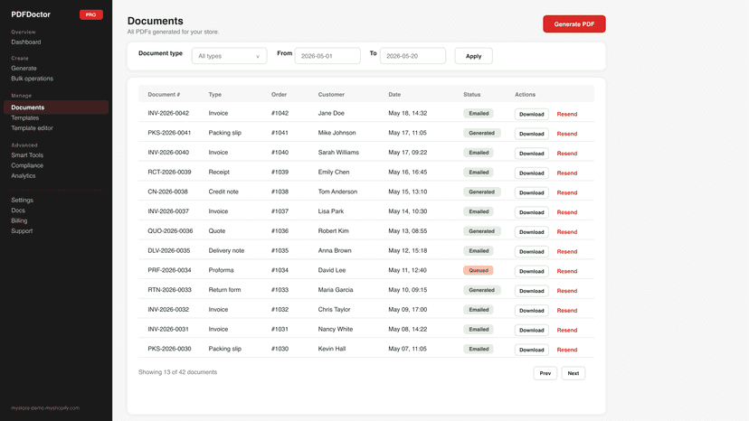 Searchable document history with status, download, and resend