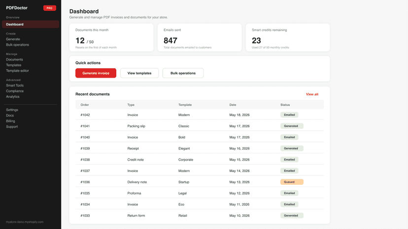Dashboard with document stats, recent orders, and quick actions