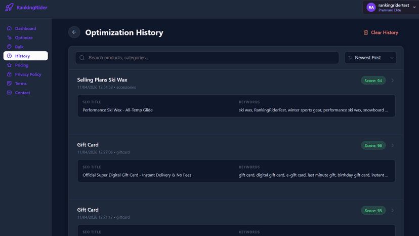 RankingRider's Optimization History