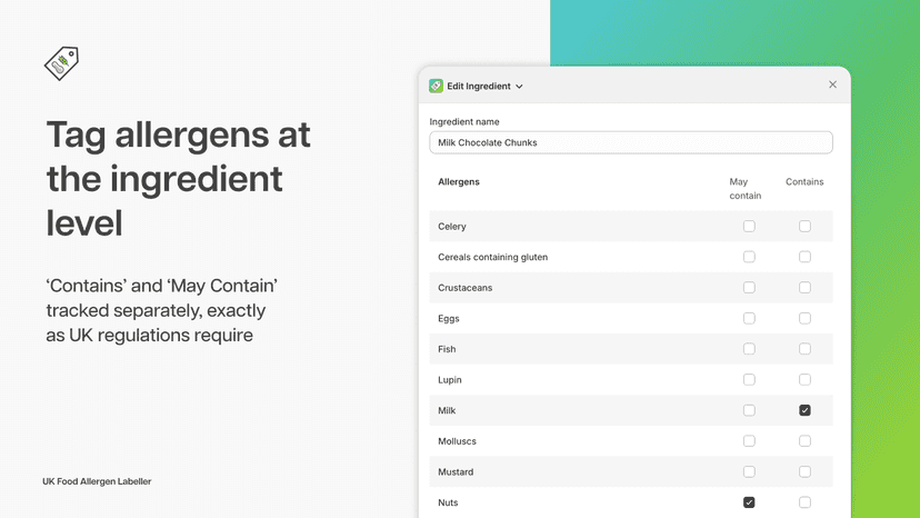 Allergen tagging screen for a single ingredient in the app admin