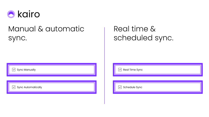 Sync manually, automatically, real time, and on a schedule.
