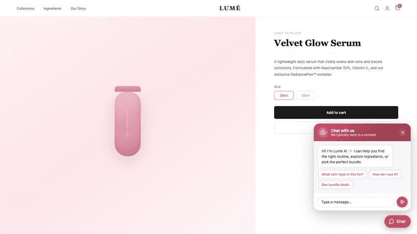 BitoChat answering product questions on a skincare store