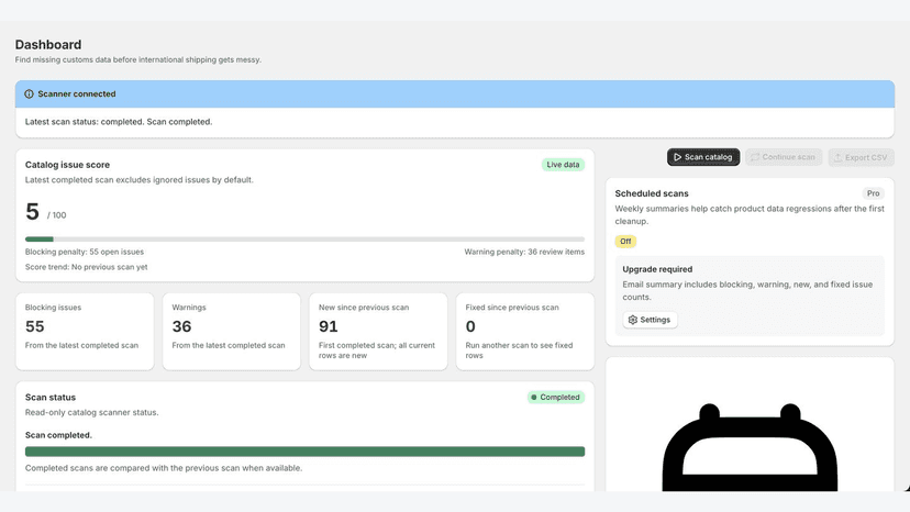 Dashboard showing completed customs readiness scan