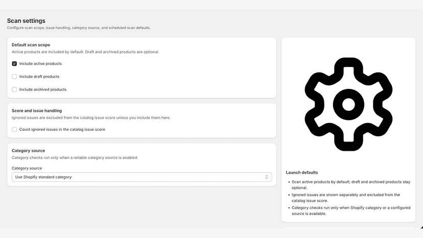 Scan settings for product scope and category checks