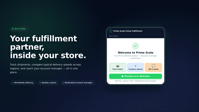 Welcome screen with quick access to tracking and quotes