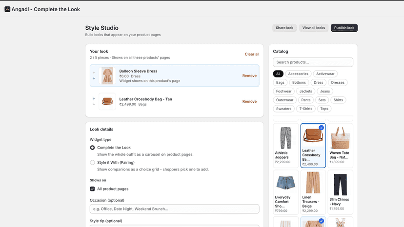 Style Studio editor for building looks from product catalog