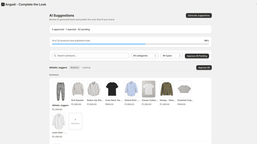 AI Suggestions page with pending outfit pairings to approve