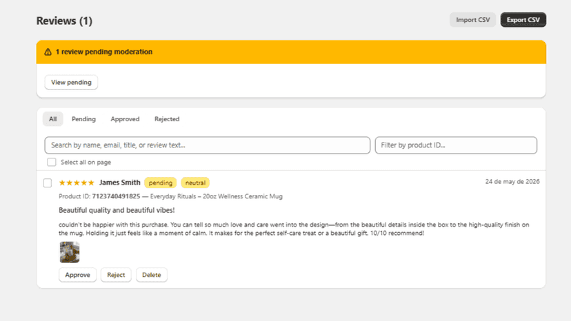 Admin panel showing review moderation and approval