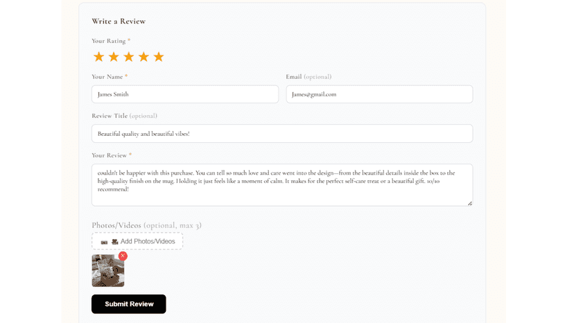 Write a Review form with star rating and photo upload