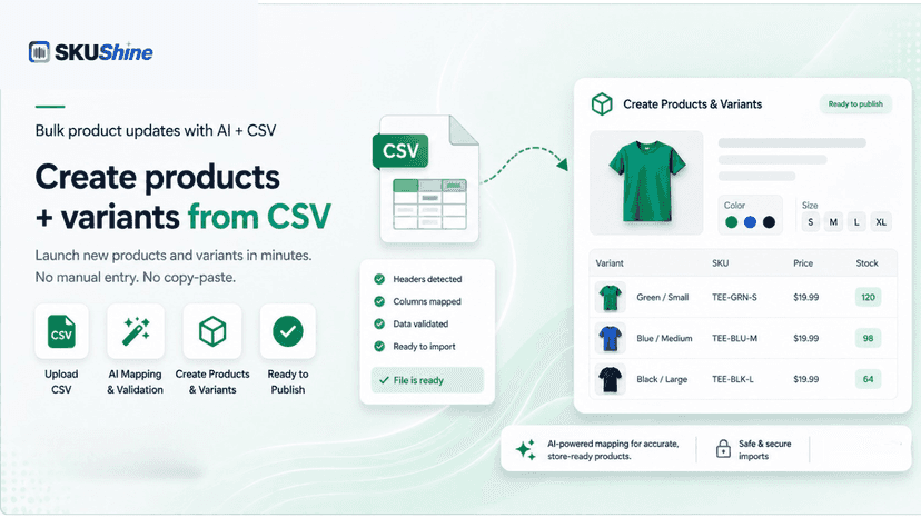 Bulk create / update / edit products, use AI to manage products