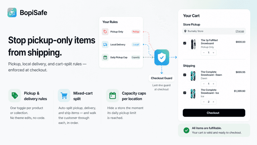 Bopisafe checkout guard for pickup-only and cart-split rules