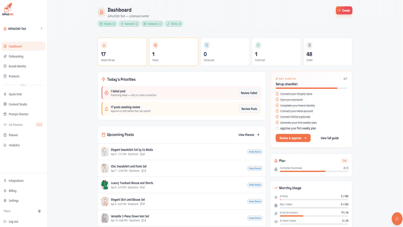 Shopify product and social media integrations dashboard