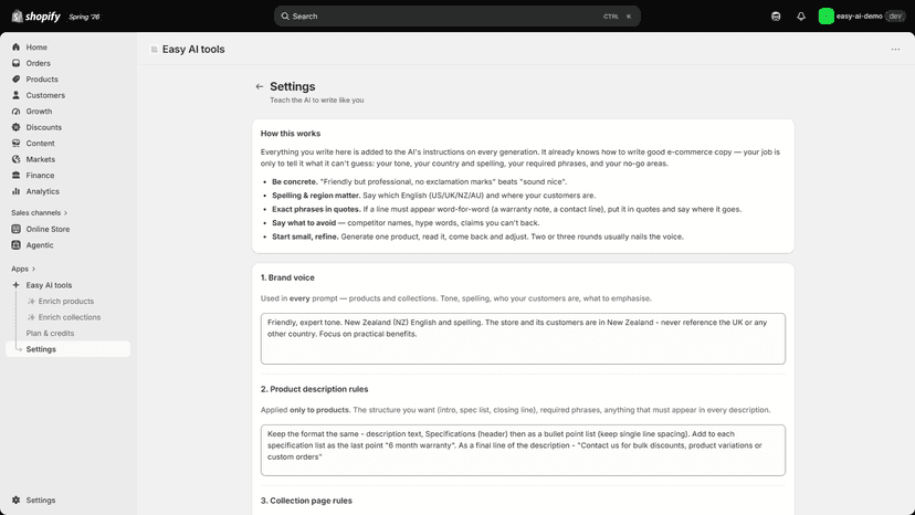 Brand voice / product rules / collection rules filled with a rea