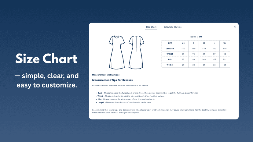 Size chart with customizable images and text.