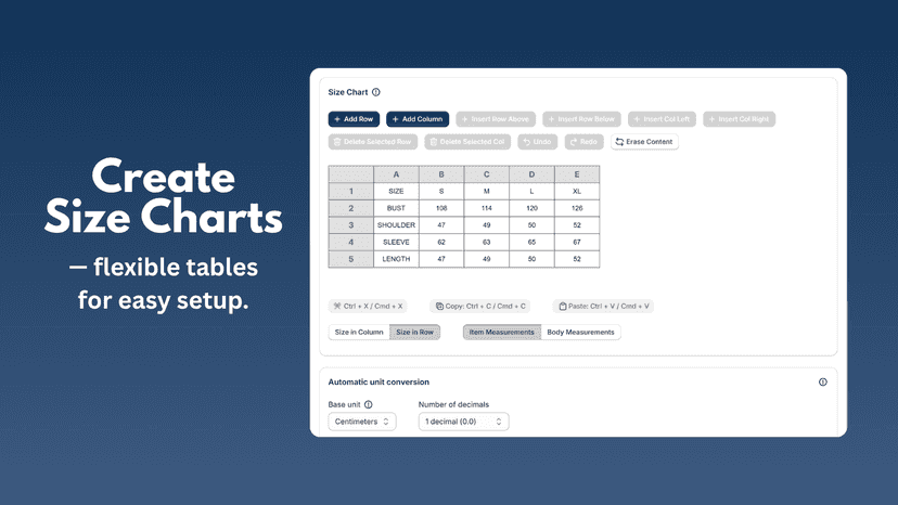 Create size charts with flexible tables.