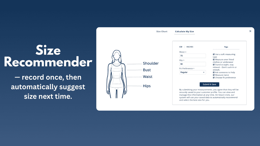 Size recommender with fields to collect measurements.