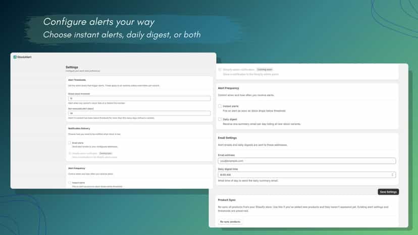 StockAlert settings page for configuring alert preferences