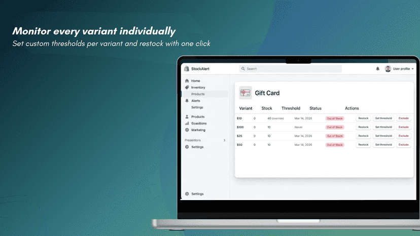 Product detail page with variant stock levels and thresholds