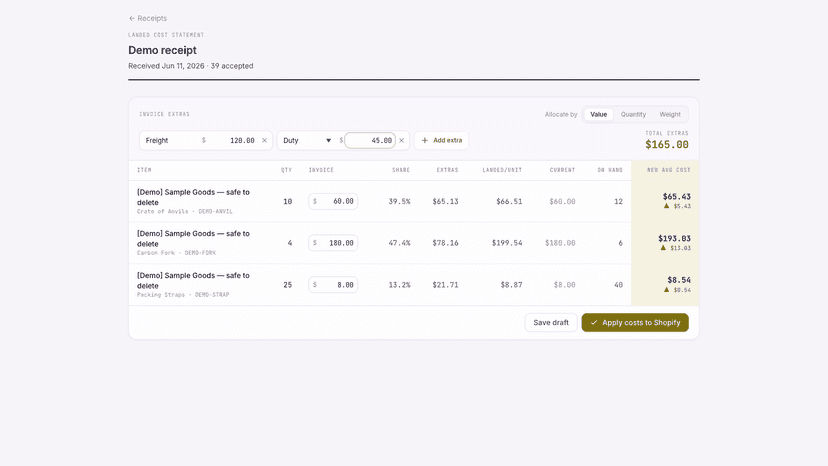 Allocation workbench previewing new average unit costs