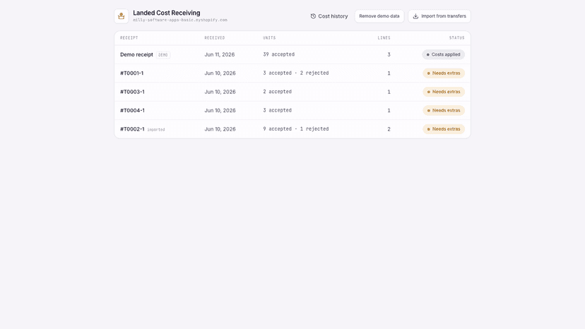 Receipts dashboard with status for each received shipment