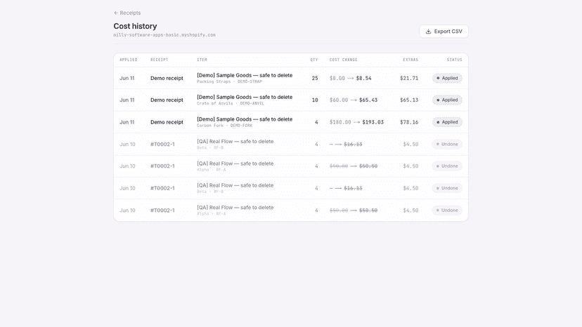 Cost history ledger with undo and CSV export