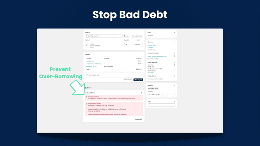 warning notification when creating a net terms order