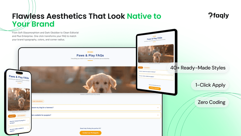 FAQ template shown on desktop, tablet, and mobile layouts
