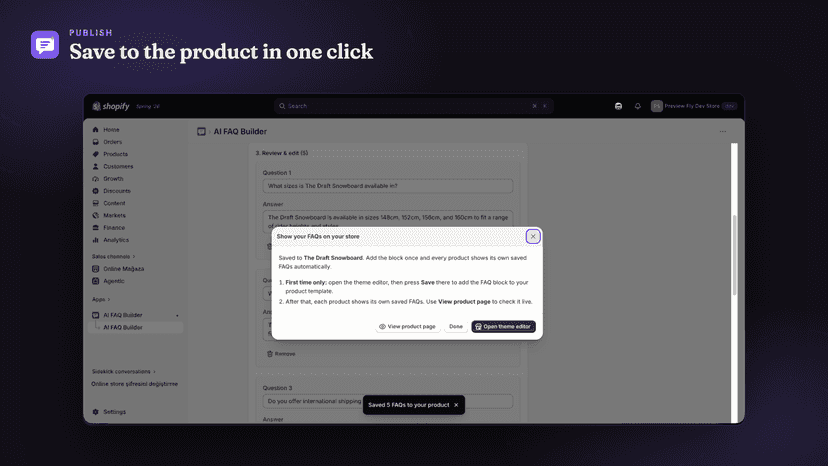 Saving generated FAQs to a product in one click