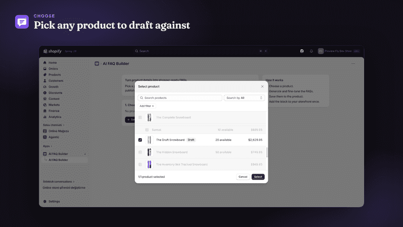 Choosing a product to generate FAQs for