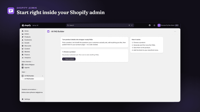 AI FAQ Builder home screen in the Shopify admin