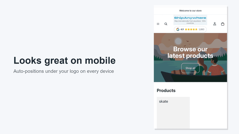 Google Reviews badge auto-positioned below the logo on mobile