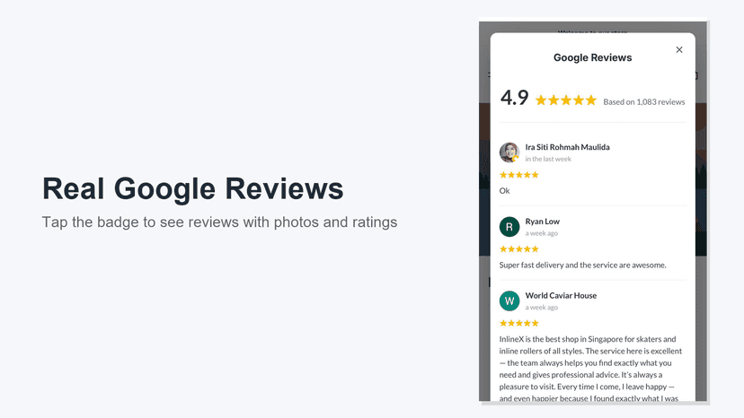 Mobile popup displaying real Google Reviews with profile photos