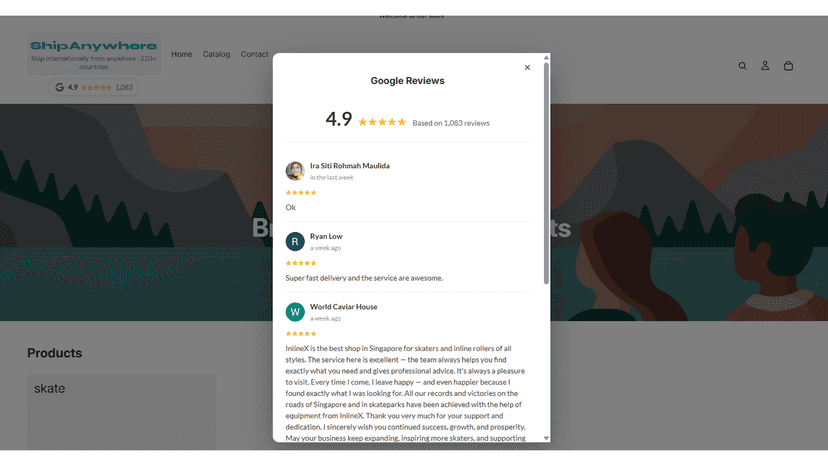 Popup showing Google Reviews with star ratings, customer names,