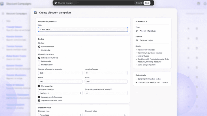 Create discount campaign with bulk code generator form