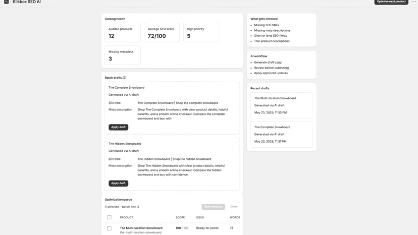 Batch draft workflow for selected products