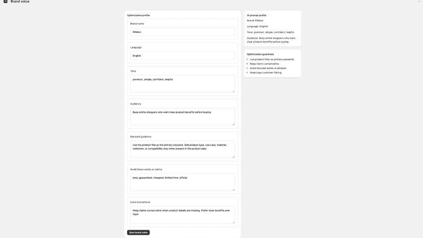 Brand voice settings for AI product SEO drafts