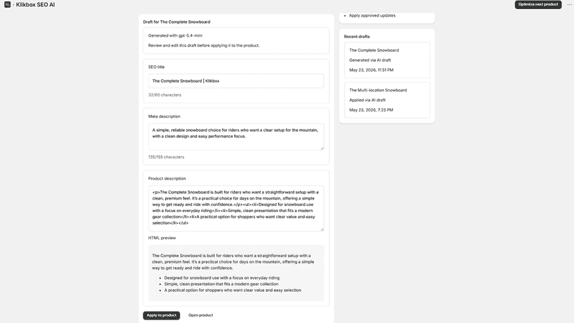 AI draft preview before applying product updates