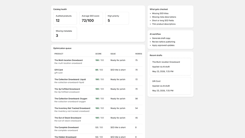 Klikbox SEO AI dashboard with product SEO issues