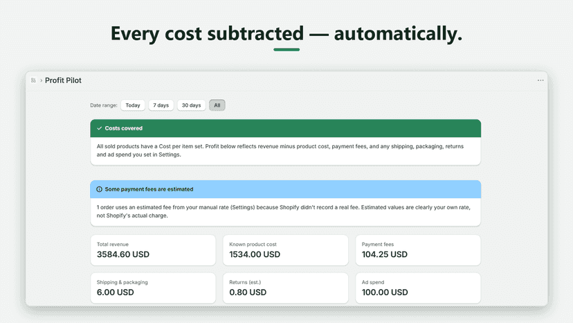 Cost coverage banners and cost breakdown cards