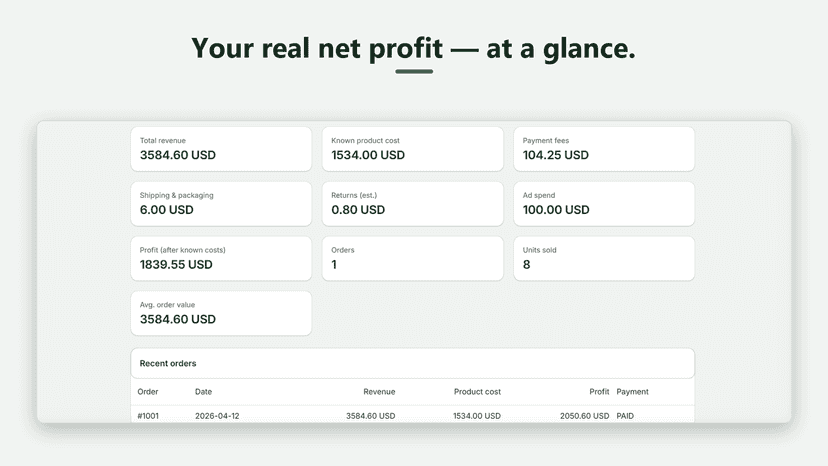 Profit Pilot dashboard showing your real net profit at a glance