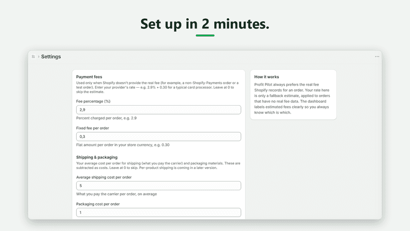 Settings page for fees, shipping, returns and ad spend