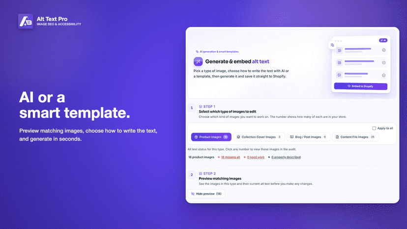 Alt Text Pro generating image alt text with AI or smart template