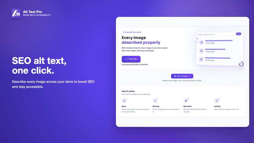 Alt Text Pro dashboard generating SEO alt text for store images.