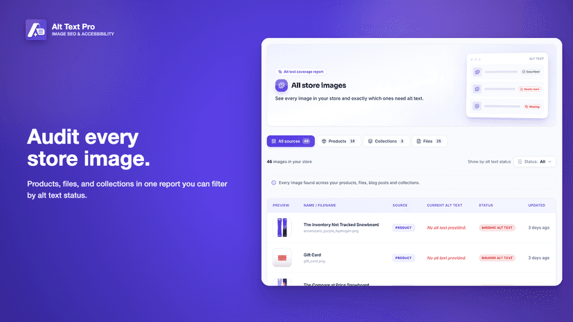 Alt Text Pro dashboard listing all store images and alt text sta